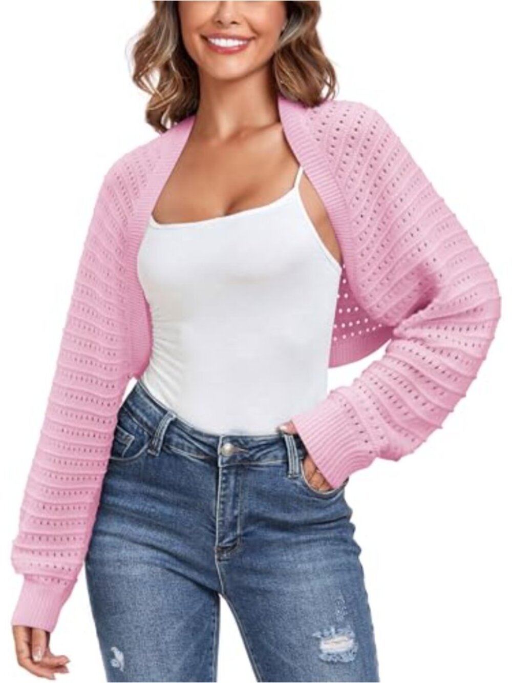 Ribbed Knit Pointelle Bolero Shrug Sweater Long Sleeve Crop Cardigan
